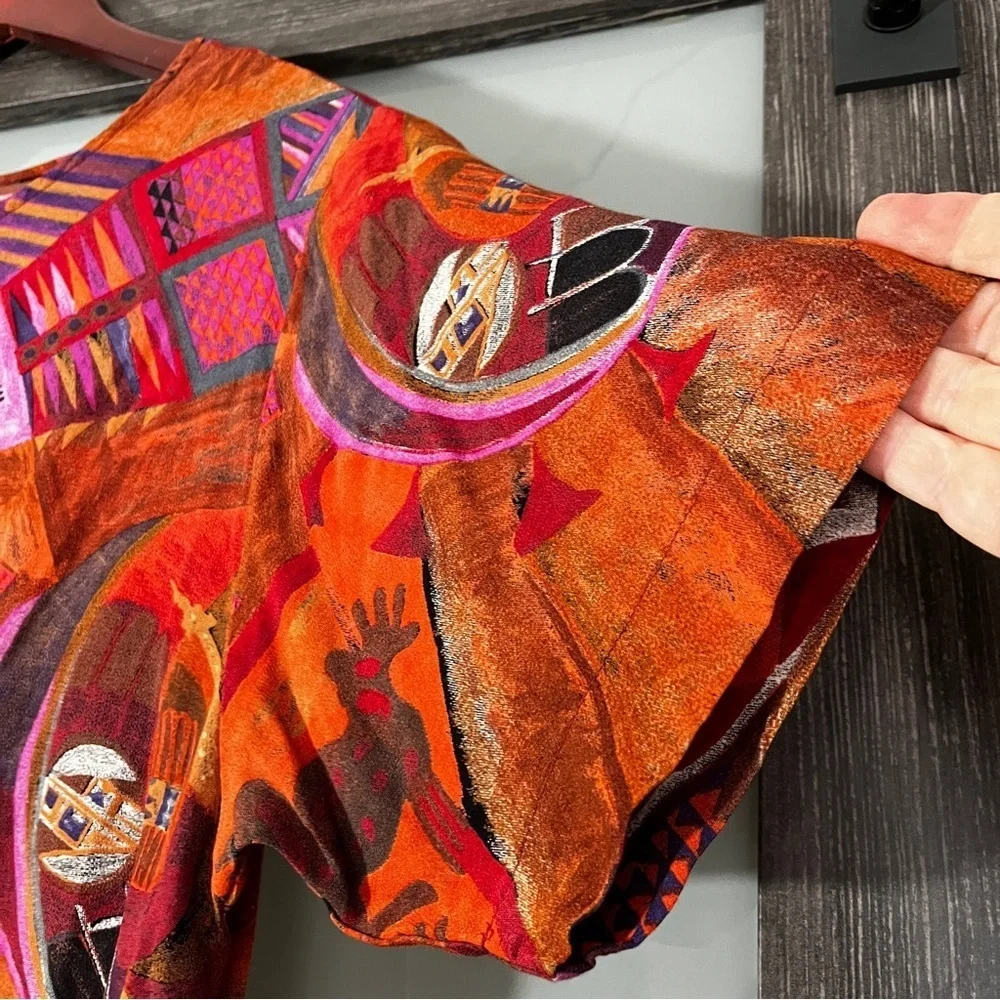 Vintage Karen Kane Multicolor Abstract Top Wearable Art Orange & Brown Statement - Picture 4 of 7